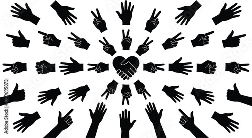 Hand gesture icons vector set, diverse silhouettes arranged radial pattern with handshake heart center, communication, unity, peace symbols black minimalist