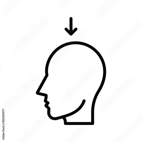 Black and white line icon representing pressure or impact on the top of a human head profile, isolated on