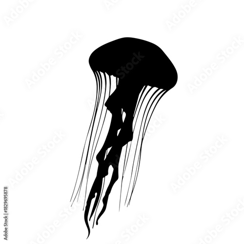 A black silhouette of a graceful jellyfish with long flowing tentacles against a clean white background.