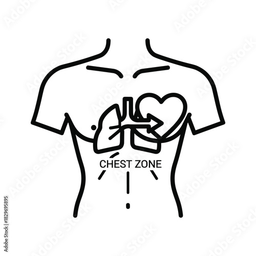 Simple line icon illustration showing the chest zone with heart and lung outline for medical or health concept isolated on