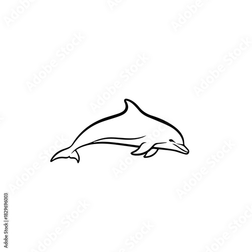 Simple black and white line art illustration of a dolphin swimming gracefully, depicting its sleek form and friendly appearance in a minimalist style.