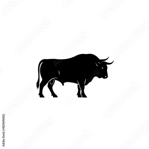 A black silhouette of a powerful bull standing sideways on a white background, showcasing its strong build and horns.
