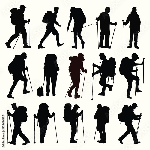 A detailed collection of hiking and trekking backpacker silhouettes featuring multiple poses with walking sticks, backpacks, and outdoor gear. Perfect for travel branding, camping graphics, adventure.