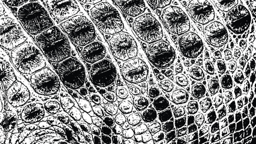 High-contrast black and white crocodile and alligator skin texture illustration showing detailed reptile scales, distressed leather pattern, seamless vector background