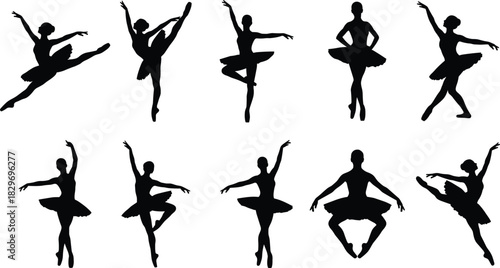 Elegant ballerina silhouette collection showcasing graceful dance poses, classical ballet movements, artistic choreography and expressive performance figures for creative vector design projects