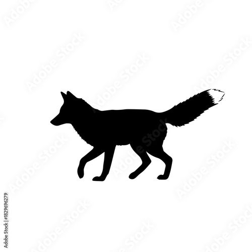 Black silhouette of a fox walking or trotting against a white background, showcasing its distinctive profile and bushy tail.
