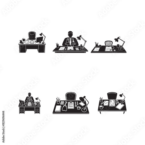 Black Color doctor’s desk set Silhouette Vector Illustration, Solid White Background.