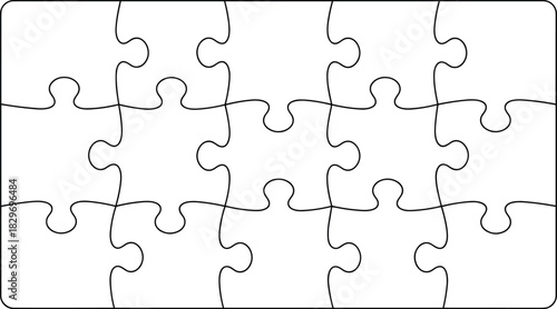 Rectangular rounded corner jigsaw puzzle template with twelve interlocking pieces clean vector outline for print crafts education mockups designs projects