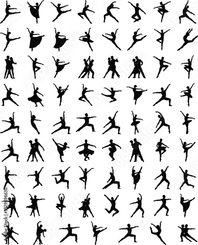 Large collection of diverse black dance silhouettes in vector format showcasing ballet, modern and partner poses for creative design projects