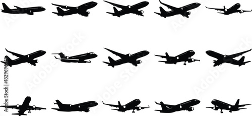 Black airplane silhouette vector set featuring commercial jet outlines in flight takeoff and landing versatile icons for aviation designer projects