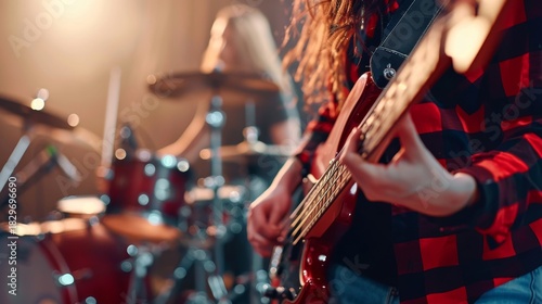 Dynamic rock band performance  close up of guitarist with bass and drummer on stage