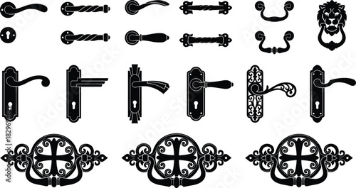 Ornate vintage door hardware collection featuring decorative handles knobs escutcheons plates lion head knockers for restoration and interior design projects