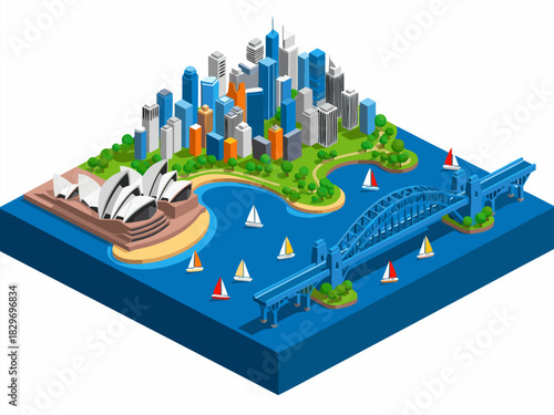 Isometric cityscape illustration of a vibrant harbor metropolis featuring iconic landmarks, modern skyscrapers, and sailboats navigating the bay, perfect for travel and urban planning concepts