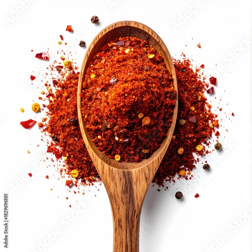 Wooden spoon brimming with vibrant red spice blend, scattered peppercorns and chili flakes