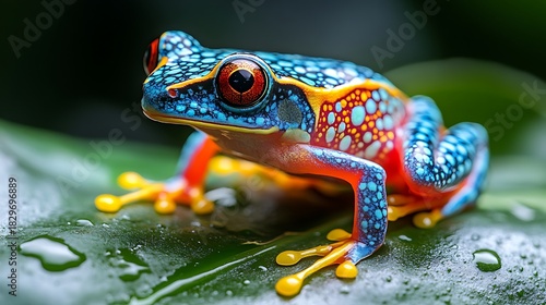 Exotic blue poison dart frog on leaf high resolution image