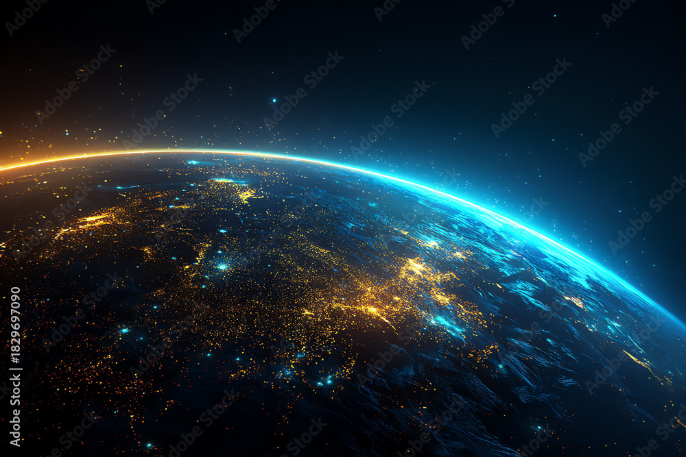 Obraz premium A stunning view of Earth from space, highlighting illuminated cities and a vibrant atmosphere against a dark cosmic background.