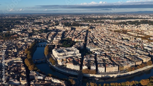 Fototapeta Naklejka Na Ścianę i Meble -  Vista aerea del quartiere Patri di Roma, Italia.
Veduta dall'alto di San Pietro, Castel Sant'Angelo, il Palazzo di Giustizia e il fiume Tevere che attraversa la città di Roma. 