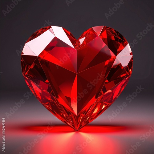A stunning red heart-shaped diamond rests elegantly on a polished wooden floor, reflecting light and casting vibrant sparkles around it.