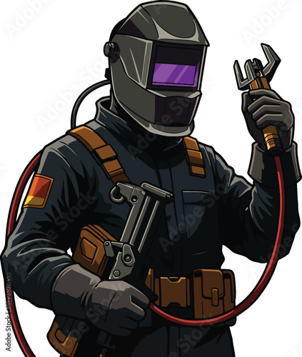 Welder In Protective Gear Holding Welding Tools