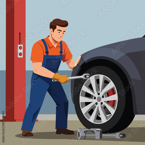 Mechanic Changing a Car Tire with a Wrench in a Garage