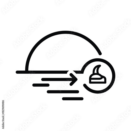 Black and white line art icon representing time lapse photography or fast forward motion leading to a camera lens or aperture symbol