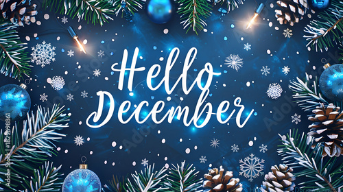 Festive winter greeting card with elegant handwritten text and december holiday decor