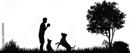 Black and white vector silhouette of a man playing fetch with his two excited dogs in a park setting, standing in long grass under a large tree