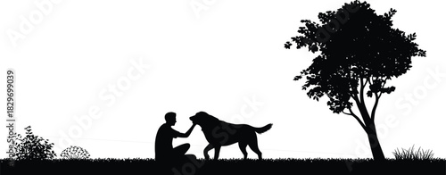 Black silhouette vector of a person sitting on the grass interacting affectionately with a large dog next to a detailed deciduous tree in a park setting