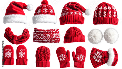 Christmas caps and scarves isolated on white background, festive winter accessories illustration, cozy holiday clothing set, warm seasonal fashion items PNG design.