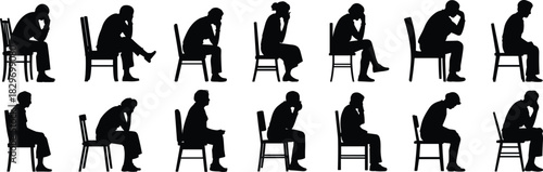 Collection of black vector silhouettes of people sitting on chairs in side profile, appearing sad, anxious, worried, depressed, or deep in troubled thought