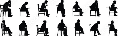 Collection of Silhouette Vector Illustrations Depicting Various Men Sitting on Chairs in Different Poses, Isolated on White Background