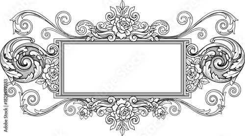 Ornate vintage rectangular frame, floral scrollwork, symmetrical embellishment, rose and leaf motif, elegant vector illustration, classical decorative design