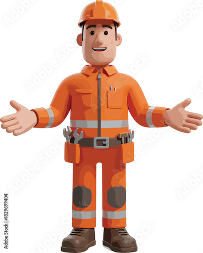 3D cartoon construction worker welcoming and gesturing with open arms, wearing an orange uniform and tool belt