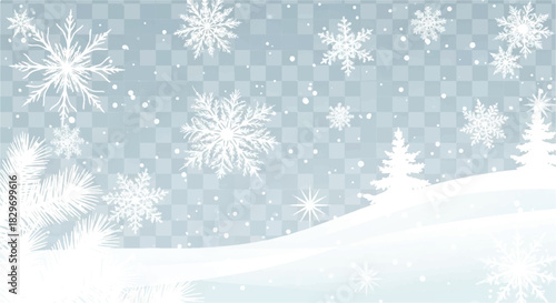 Winter Snowfall Landscape with Pine Trees and Snowflakes.