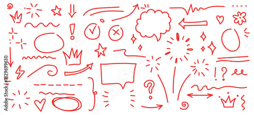 A large, versatile vector set of hand-drawn sketchy doodle elements in a bold red marker style. Features various arrows, stars, crowns, speech bubbles, and highlighting shapes.