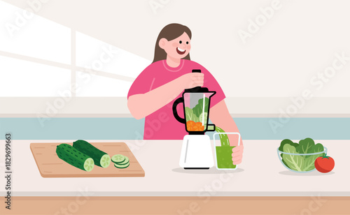 A woman is making a healthy green smoothie in a blender.