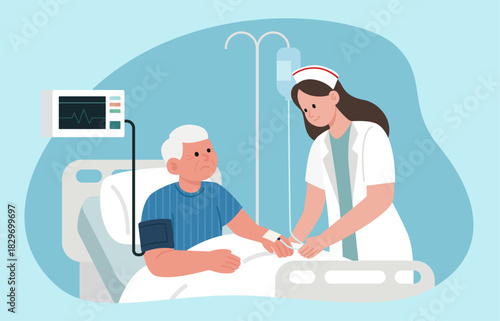 A female nurse attending to an elderly male patient in a hospital bed, checking the patient's vital signs or administering intravenous fluids.