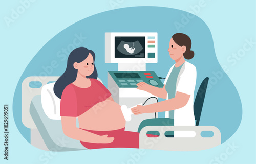 A pregnant woman is undergoing an ultrasound scan. A doctor uses an ultrasound transducer on her abdomen while viewing the scan on a monitor.