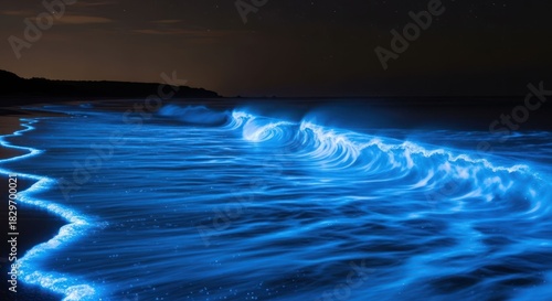 Fototapeta Naklejka Na Ścianę i Meble -  Glowing blue waves on beach at night, bioluminescence, starry sky