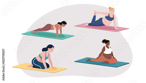 Four pregnant women performing different yoga poses on mats. Yoga for Pregnancy and Bieth.