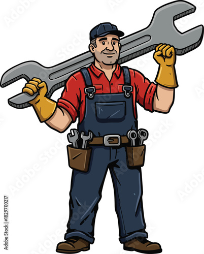Skilled Mechanic Holding a Large Wrench, Ready for Repairs
