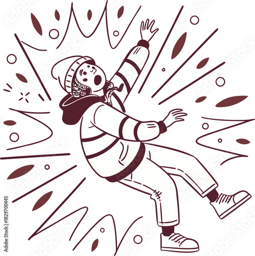 woman in a down jacket making snow angel, falls backward arms outstretched wearing warm winter clothes,woman slips on slippery ground and falls, risking injury due to uncleaned ice. Gray-haired lady s