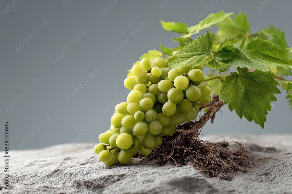 Fototapeta premium Green grape cluster with vine root and fresh leaves on stone surface, natural light, healthy fruit, organic agriculture concept