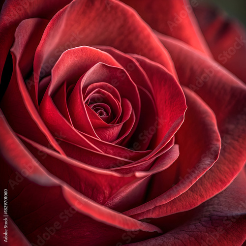 A macro photograph showcasing the intricate layers and deep red color of a blooming rose flower