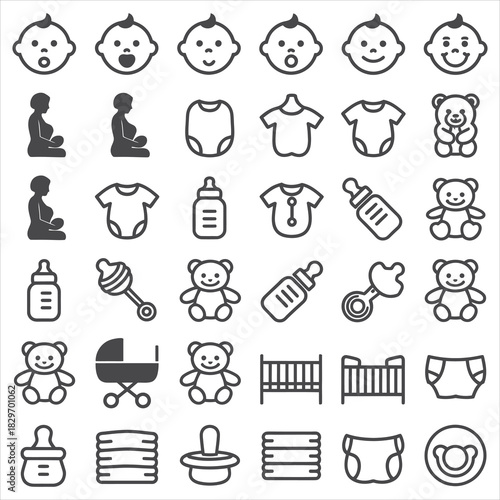 Baby icons show pregnancy, newborn faces, teddy bears, and essential care items outlined