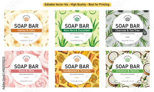 Soap label design, set of soap labels vector art of Honey Oats, Aloe Vera Cucumber, Charcoal Tea Tree, Rose Milk, Sandalwood Turmeric soap, Coconut Vanilla patterns for natural skincare pack