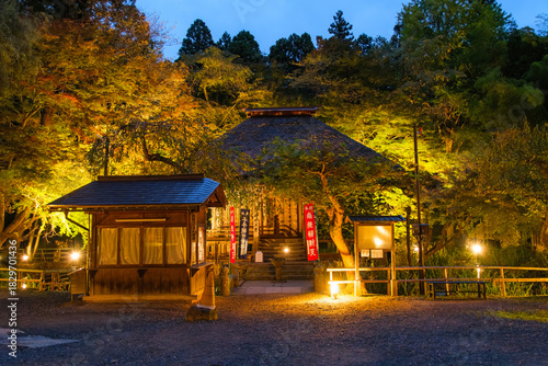 岩手県平泉町 秋の中尊寺、弁財天堂のライトアップ