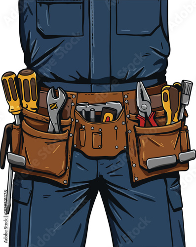 Close-up of a handyman's tool belt filled with various instruments