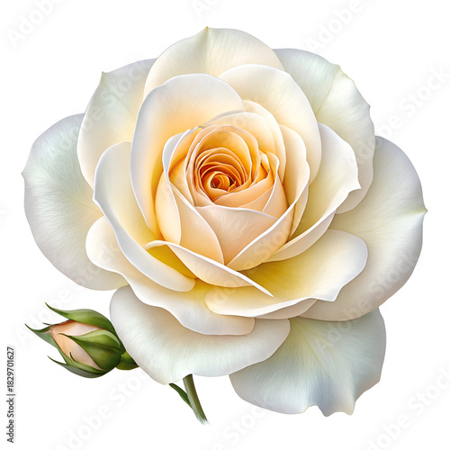 A detailed illustration of a creamy white rose with a golden center and a small green bud attached