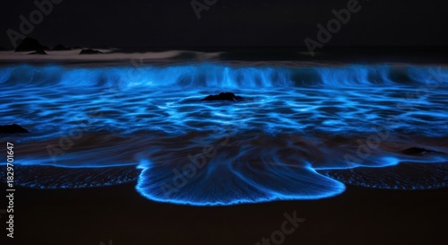 Fototapeta Naklejka Na Ścianę i Meble -  Glowing blue waves crashing on dark sand beach at night